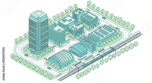 Modern Cityscape with High-Rise Buildings and Train Station.