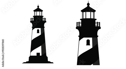 Two black lighthouses stand against a white background silhouette