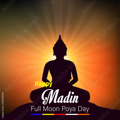Happy Madin Full Moon Poya Day vector illustration with Buddha silhouette against a radiant sunset background, a Buddhist holiday greeting card design.