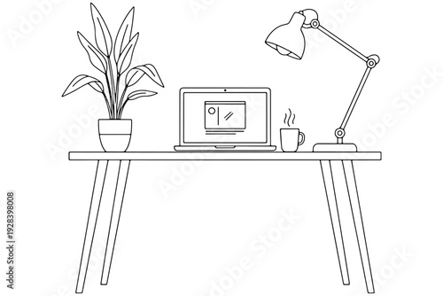 Minimalist Workspace Vector – One Line Drawing of Desk, Laptop, and Lamp