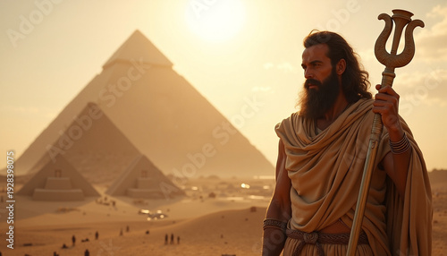Scene from the Bible with Moses holding a staff near pyramids in desert landscape. Moses stands confidently while the sun sets behind ancient structures, symbolizing strength and leadership.