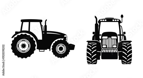 Two black tractors depicted in a bold graphic silhouette