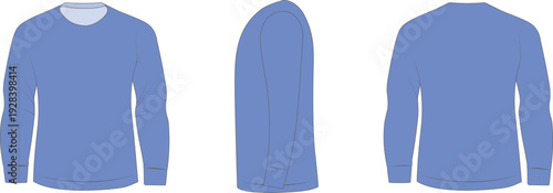 Blue long sleeve sweater mockup shown in front, side, and back views. Minimal apparel template designed for clothing visualization and fashion presentation. Clean vector garment layout ideal for brand
