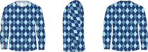 Blue argyle sweater mockup featuring a classic diamond knit pattern design. Front, back, and side views ideal for apparel presentation and textile visualization. Clean vector clothing template for fas