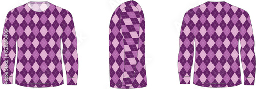 Purple argyle sweater mockup with classic diamond knit pattern design. Front, back, and side views for apparel presentation and textile visualization. Clean vector clothing template for fashion brandi