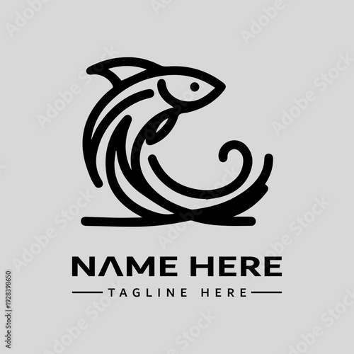 Black vector illustration of a stylized fish logo with a wave design and sample text on a gray background.