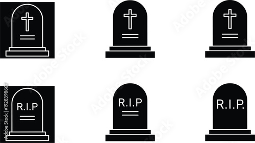 Gravestone and Tombstone Icon Set with RIP Text and Cross Symbols for Halloween Graphic Design, Funeral Memorial Services, and Cemetery Cemetery Illustrations
