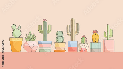 A row of stylized cacti in various pots on a shelf, with a soft peach-colored backdrop