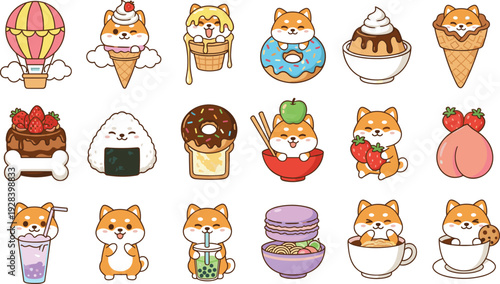 Kawaii Shiba Inu Dog Character Set with Cute Japanese Food Sweets Dessert Coffee Boba Tea and Pastries for Stickers Menu and Creative Projects