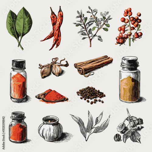 Set of spices. Hand drawn herbs and spices collection vector art of white background