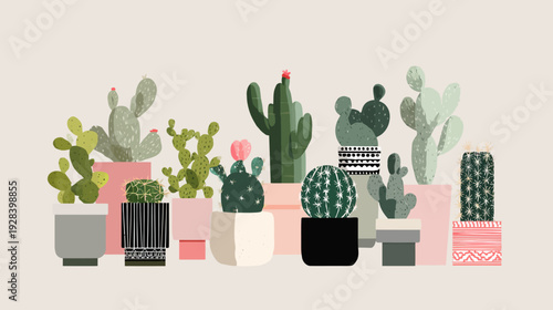 Array of stylized cacti in patterned pots against a pale beige background