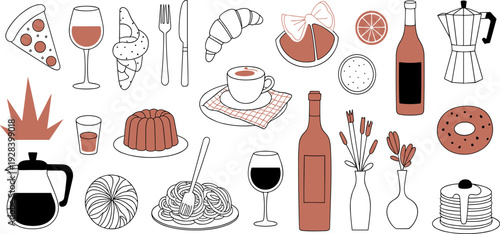 Culinary food and drink illustration, black and white decorative artwork with pizza, wine, coffee, pastries, pasta, perfect for posters, prints, restaurant decor