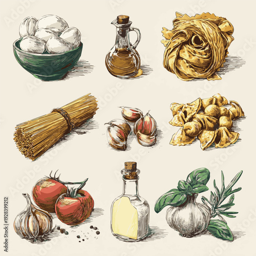 Set of pasta. Hand drawn italian pasta ingredients vector art of white background