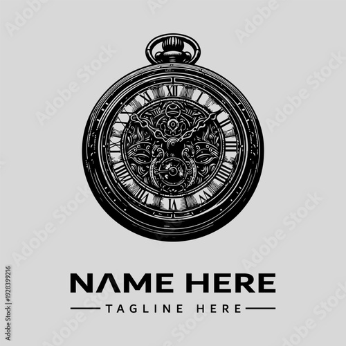 A detailed black and white illustration of a vintage pocket watch with Roman numerals and ornate design on a clean background with a logo and text placeholder.