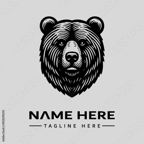 A black and white illustration of a bear's head with a vintage engraving style, featuring a logo template with space for a name and tagline on a light gray background.