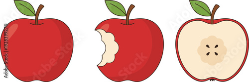Red Apple Vector Icon Set Featuring Whole Fruit, Bitten Apple, and Sliced Half with Seeds for Healthy Food, Nutrition, and Organic Lifestyle Designs