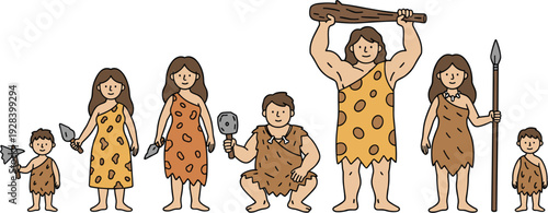 Prehistoric Caveman Family Character Set with Primitive Stone Age People Carrying Hunting Tools and Weapons for Educational History and Archeology Designs