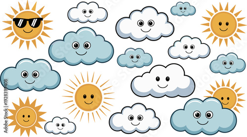 Cartoon sun and cloud illustrations, playful weather icons with smiling faces, colorful educational artwork for kids posters, decorative prints, cheerful design