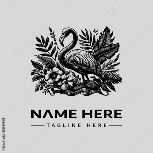 A black and white illustration of a flamingo surrounded by tropical leaves and flowers in a vintage woodcut style with a logo and tagline text area on a clean background.