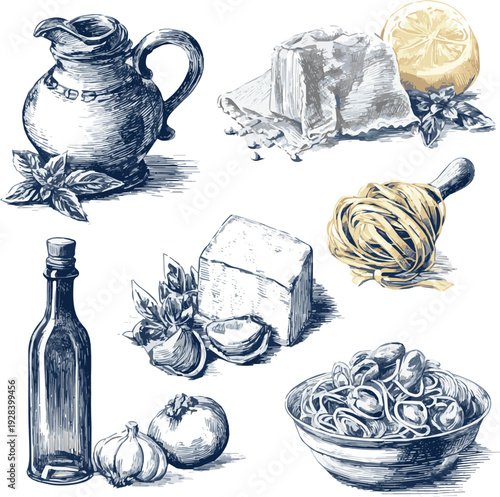 Still life with teapot and cup. Hand drawn italian pasta ingredients vector art of white background