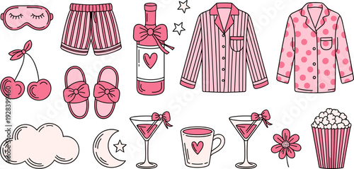 Cozy sleepover illustration, pink decorative design with pajamas, slippers, popcorn, cocktails, moon and stars, perfect artwork for posters, prints, lifestyle decor