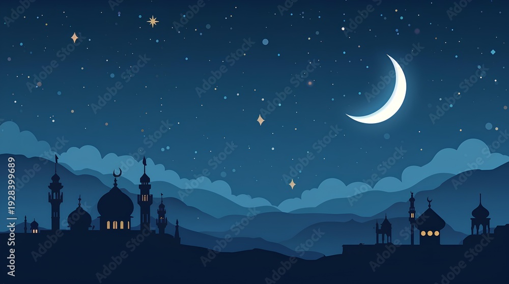 Fototapeta premium A serene illustration of a silhouetted mosque skyline against a beautiful starry night. Perfect for Ramadan, Eid, or religious and cultural content.