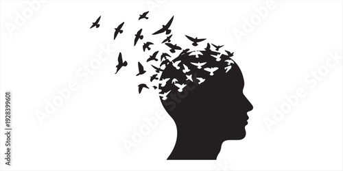 Head silhouette with flying birds on transparent background