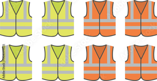 Set of High Visibility Reflective Safety Vests in Neon Yellow and Orange for Construction, Road Work, Industrial Security, and Emergency Personal Protective Equipment