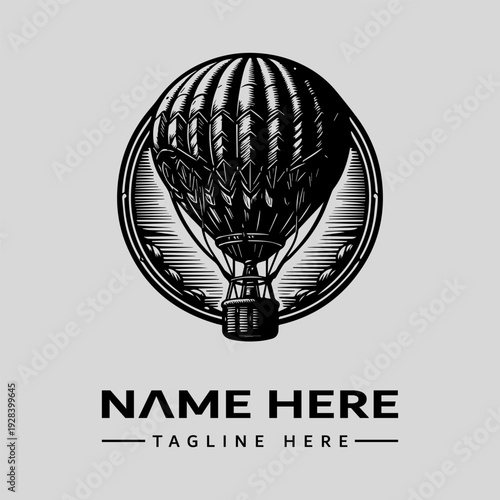 A black and white illustration of a hot air balloon within a circular frame, with a placeholder text for a name and tagline on a light gray background.