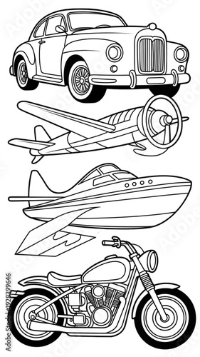 Vintage Car Airplane Motorcycle Vehicles isolated on transparent background.