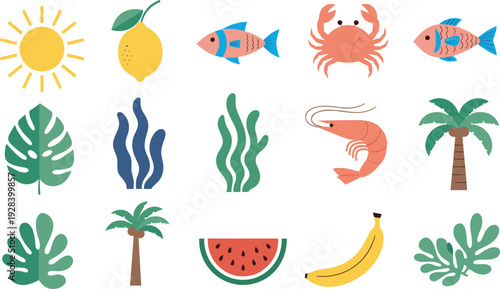 Collection of summer flat vector icons with tropical leaves palm trees sun and fruits, seasonal nature elements for travel marketing design, coastal vacation graphics