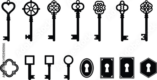 Vintage Skeleton Key Icon Set with Ornate Antique Designs and Modern Keyhole Symbols for Security, Mystery, Real Estate, and Decorative Graphic Elements