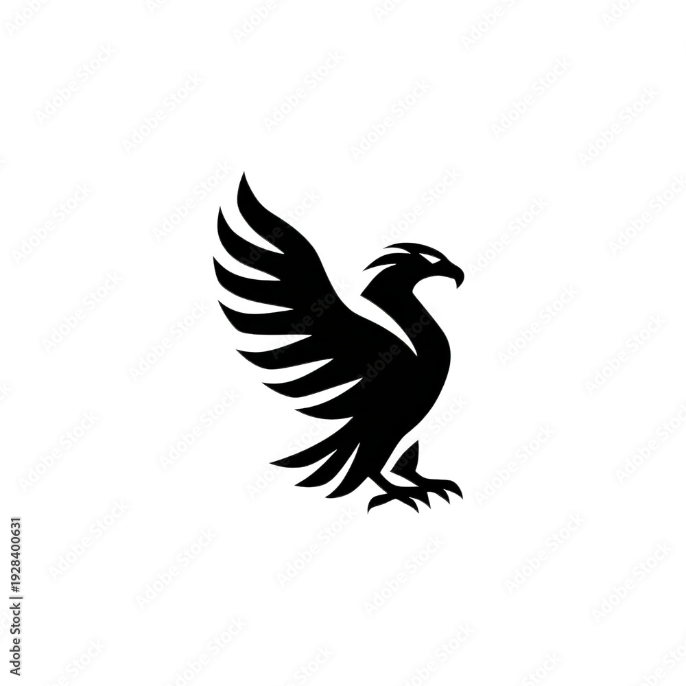 Obraz premium Black silhouette of a majestic bird of prey standing with wings partially open, transparent background