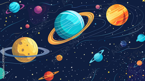 A vibrant, pixelated illustration of planets with rings, stars, and celestial bodies in deep space