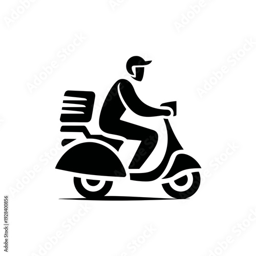 Black silhouette icon of a delivery person riding a scooter with a delivery box. Fast express food and package service.