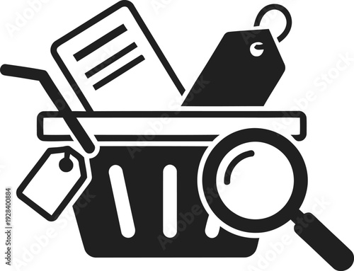 Ecommerce shopping cart icon with magnifying glass and tags