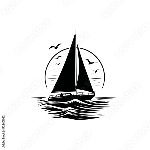 Elegant sailboat silhouette on rolling ocean waves with birds flying against a circular backdrop. Vector yacht design for nautical travel.