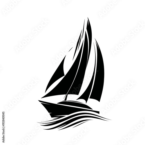 Elegant black silhouette of a sailboat with full sails gliding on wavy water, a classic nautical vector illustration.