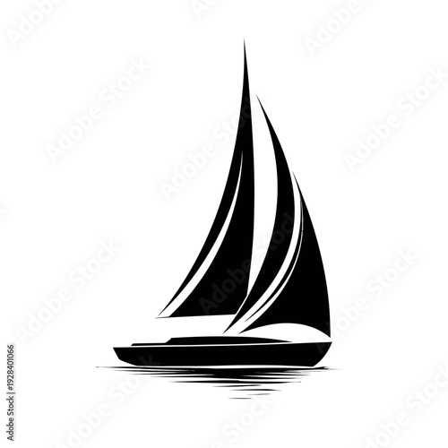 Elegant black silhouette of a sailboat gliding on water, isolated on a clean white background. Minimalist vector illustration for design.