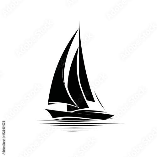 Sleek black sailboat silhouette gliding on water, minimalist vector icon for sailing, yachting, and marine adventures
