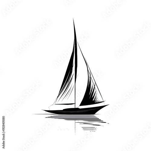 Elegant Black Sailboat Illustration with Reflective Water Surface, Minimalist Yacht Design Icon for Sailing and Ocean Themes