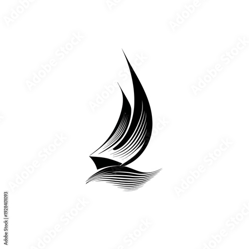 Elegant black and white abstract sailboat icon on water. Stylized maritime graphic design, minimal vector illustration for travel and leisure.