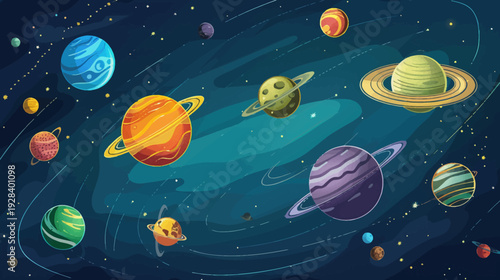 Cartoon-styled illustration featuring various colorful planets against a cosmic dark blue backdrop