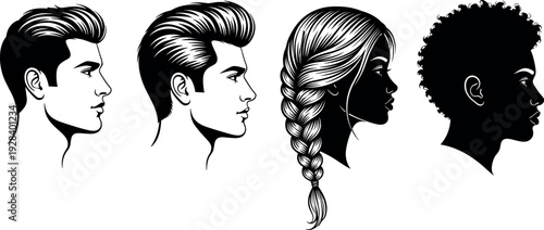 Diverse profile silhouettes of men and women featuring various hairstyles in black and white minimalist vector line art style design.