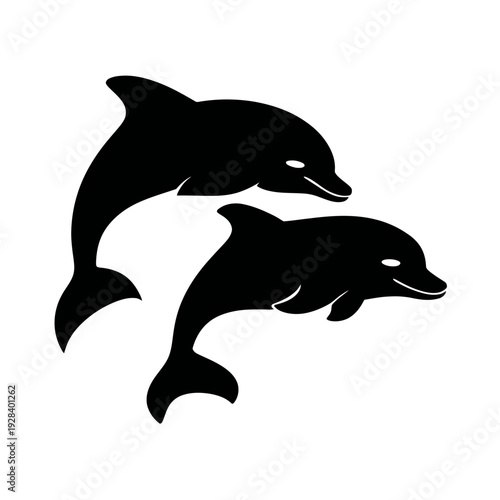 Two black dolphin silhouettes vector illustration, marine animal graphic element on white background, jumping ocean mammals design.
