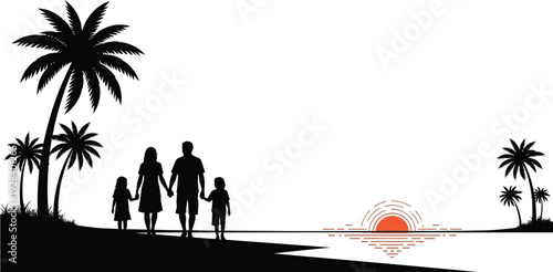 A family of four in silhouette walking along a tropical beach at sunset with palm trees
