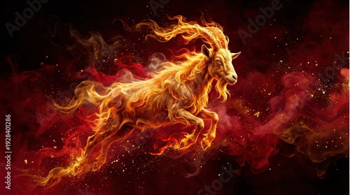 Golden fire goat leaping on red background. 2027 Chinese New Year zodiac animal concept