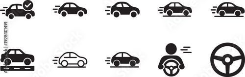 Car Drive Icon Set Vector Silhouette Signal Style Automobile Driving Symbols for UI Navigation.