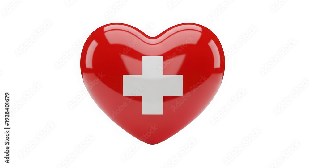 Fototapeta premium Glossy Red Heart with White Medical Cross Symbol Isolated on Transparent Background – Healthcare and Emergency Concept