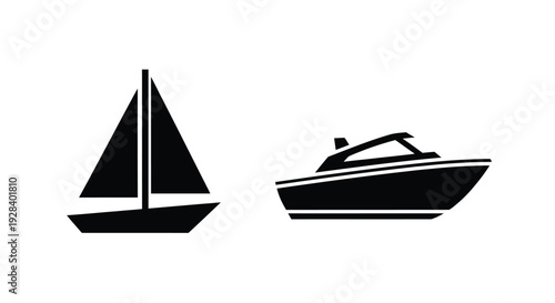 Simple black icons of a sailboat and motorboat silhouette